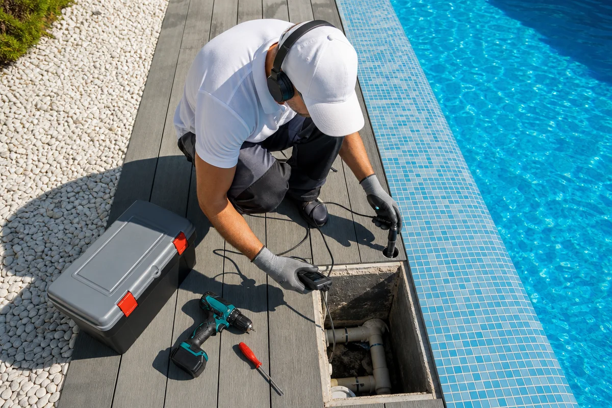 Leak detection specialist using listening equipment beside a backyard pool