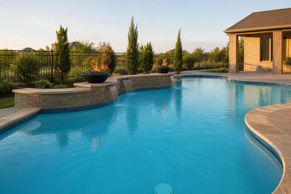 Backyard pool after a full remodel with new plaster, waterline tile, and stone coping