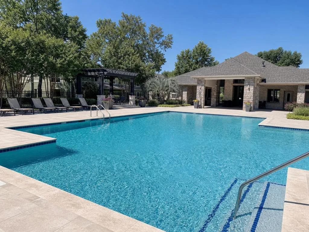 Renovated community pool with refreshed plaster and tile at an HOA property