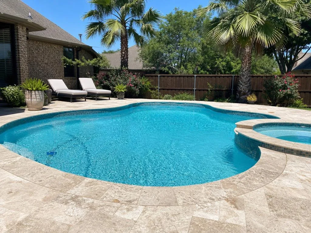Resurfaced backyard pool with new blue plaster, glass waterline tile, and stone coping